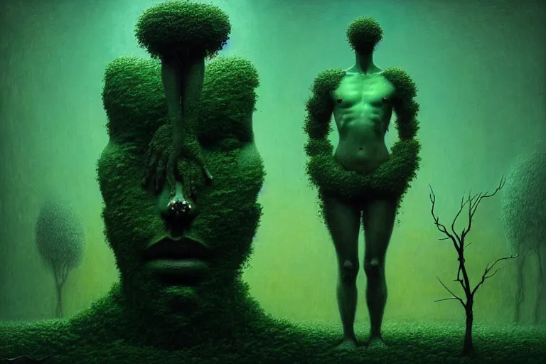 Image similar to imagination of surreal scene flower with broken human sculpture, in the style of beksinski, solarpunk, atmospheric, clean, intricate and epic composition, green by caravaggio, insanely quality, highly detailed, masterpiece, blue light, artstation, 4 k