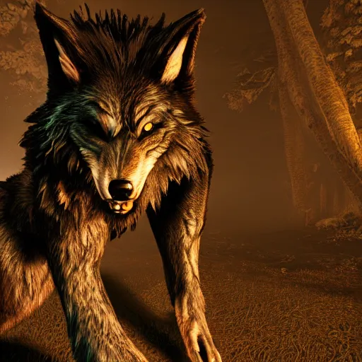 Image similar to werewolf hidden in the dark. higly detailed. unreal engine 5