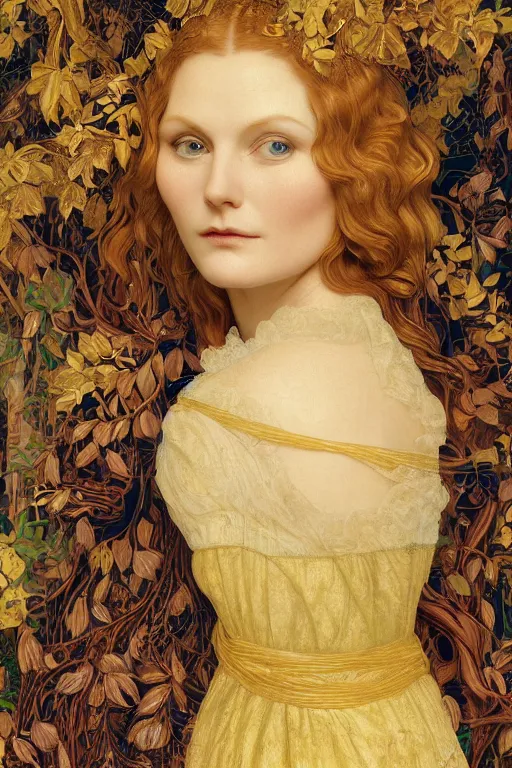 Prompt: masterpiece beautiful seductive flowing curves preraphaelite face portrait of kirsten dunst amongst leaves, extreme close up shot, yellow ochre ornate medieval dress, branching abstract decorate structural circle, halo, amongst foliage, gold gilded circle halo, kilian eng and frederic leighton and rosetti, 4 k
