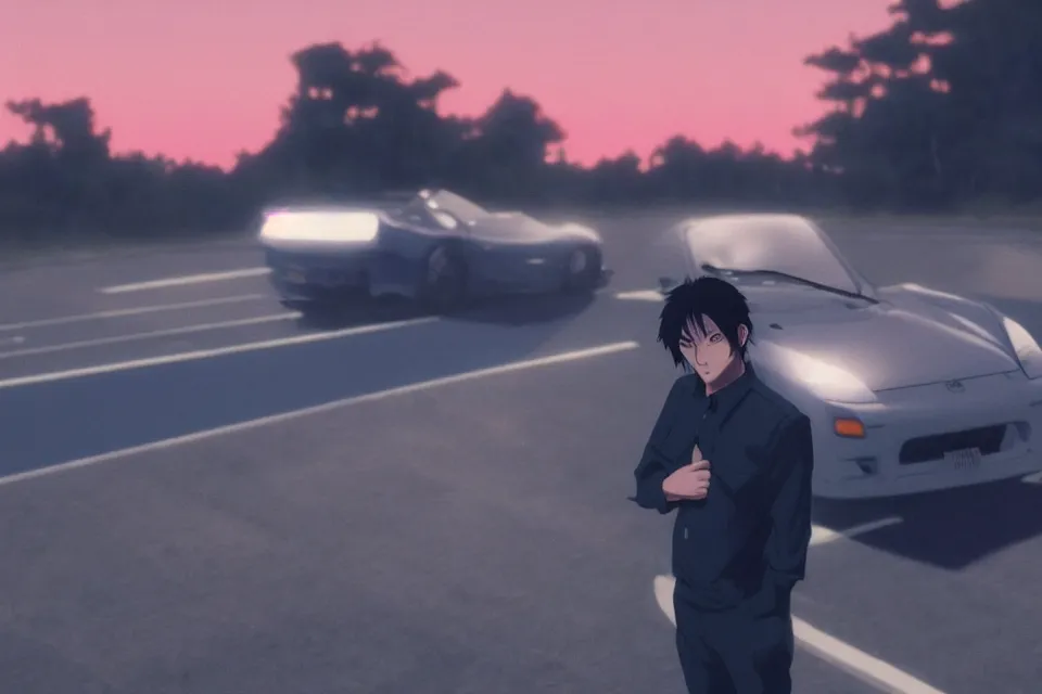 Image similar to aesthetic illustration of ryosuke takahashi with black hair wearing a dark blue shirt standing near white mazda rx 7 on an empty highway at dusk, cinematic lighting, detailed anime face, high detail, 9 0 s anime aesthetic, volumetric lights, unreal engine 5 render, pinterest wallpaper, trending on artstation