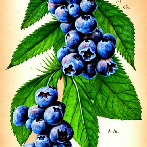 Image similar to botanical drawing of blueberry bush. Traditional art. Rustic. Nordic. Trending on artstation. Detailed. Bushy. Nature. Artistic.