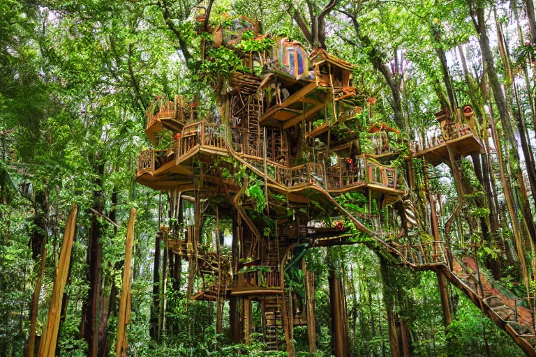 Prompt: an elaborate surreal expansive treehouse maze