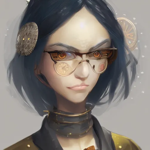 Image similar to a girl with dark skin with yellow eyes and short white hair, wearing steampunk attire, highly detailed, digital painting, artstation, matte, by makoto shinkai, animation style