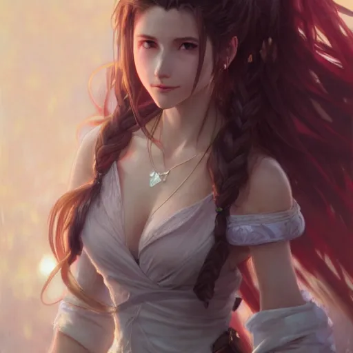 Prompt: A full portrait of an Aerith from Final Fantasy, wide shot, ultrawide, elegant, highly detailed, digital painting, artstation, concept art, smooth, sharp focus, illustration, art by Krenz Cushart and Artem Demura and alphonse mucha
