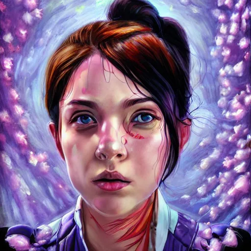 Image similar to an epic fantastic realism comic book style portrait painting of a purple - eyed girl, cherry blossom rain everywhere, apex legends,