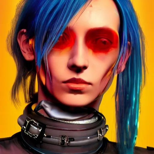 Image similar to detailed realistic cyberpunk female character cyberpunk wearing large steel collar around neck, realistic, art, beautiful, 4K, collar, choker, collar around neck, punk, artstation, detailed, female, woman, choker, cyberpunk, neon, punk, collar, choker, collar around neck, thick collar, choker around neck, wearing choker, wearing collar, bright neon punk hair, collar, choker,