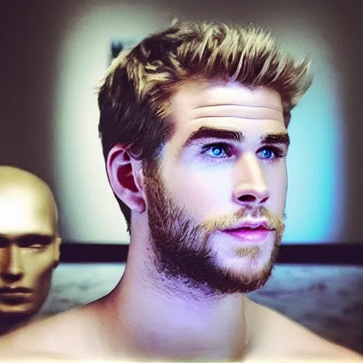 Image similar to “a realistic detailed photo of a guy who is an attractive humanoid who is half robot and half humanoid, who is a male android, actor Liam Hemsworth, shiny skin, posing like a statue, blank stare, at the museum, on display”