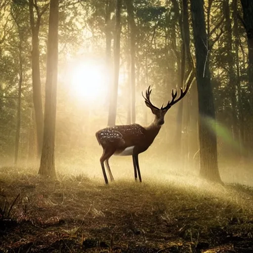 Image similar to a close up of a deer with!!! laser - eyes, background of a landscape misty forest scene, the sun shining through the trees