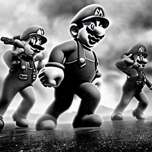 Prompt: super mario and pals storm the beaches of normandy circa 1 9 4 4, old picture, monotone, hyper realistic, in battle, cinematic, hd, army, smoke