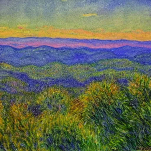 Image similar to asheville skyline from beaucatcher mountain, in the style of claude monet, watercolor, beautiful, scenic, award winning, 4 k, hd