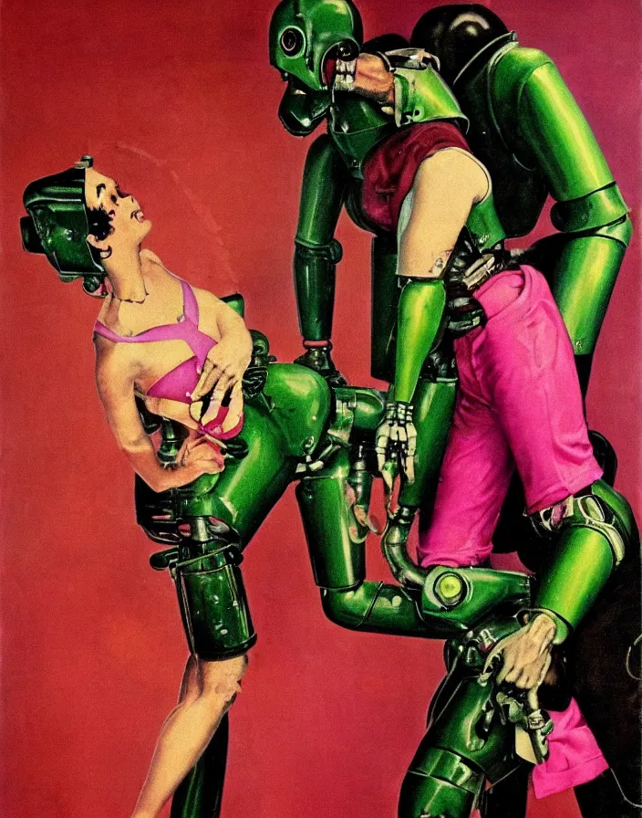 Prompt: a female housewife!!!! being hugged by a manly retro metal - suited!!! robot!!!!, 1 9 5 0 s horror film movie poster style, ( norman rockwell oil painting ), close - up, tight shot, retro science fiction, vintage, saturated pink and green lighting, shadowy lighting, cohesive!!!