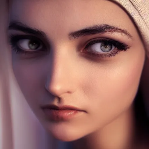 Image similar to beautiful female angel, Iranian, asymmetrical face, ethereal volumetric light, sharp focus