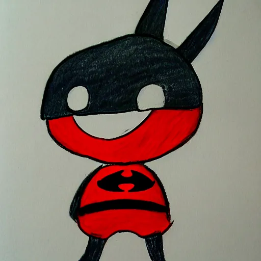 Image similar to a children's drawing of mr. mime as batman, crayon, paper