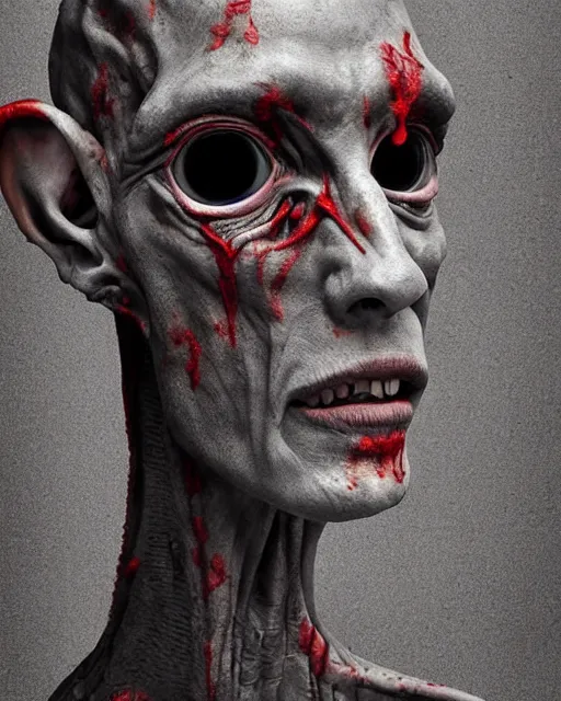 Prompt: Haunting horrifying hyperrealistic detailed painting of a tall slim flesh extraterrestrial creature made of concrete stone brick, covered in, heavy metal, disgusting, creepy, unsettling, and bloodshot eyeballs, hyper detailed, trending on Artstation