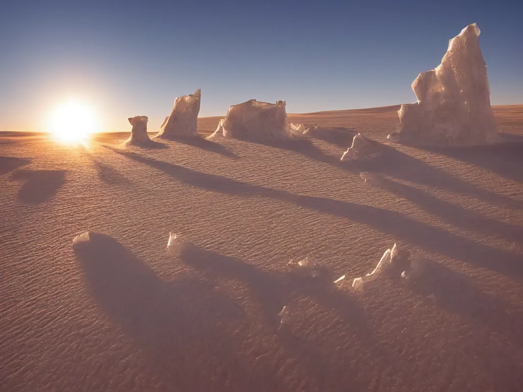 Prompt: cinestill of a huge backlit ice sculpture in the sahara desert, morning light, breathtaking, high definition photograph by national geographic