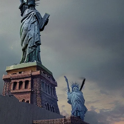 Image similar to highly detailed digital matte painting of a statue of Lady Liberty with a baguette in her arms reclaimed by nature Full shot. By Raphael LaCoste and Ruan Jia and Robert McCall, postcyberpunk, geodesic dome, hyperdetailed, sunrise, blueprint large, autochrome, octane rendering