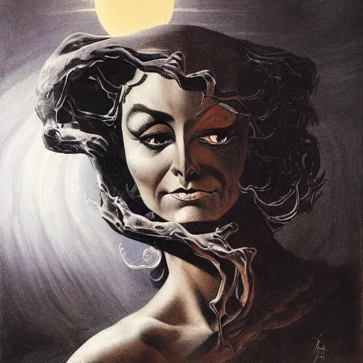 Image similar to conjecture of wise old beautiful woman face Desert Spirit, under unresolved evil moon illusion, in the style of Frank Frazetta, Jeff Easley, Caravaggio, extremely clear and coherent, clear lines, 8K revolution