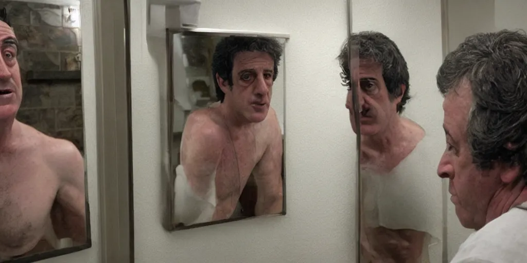 Image similar to david naughton, as david kessler from an american werewolf in london, looks at himself in a bathroom mirror to see his reflection as a monstrous wolf man, hyperreal, rick baker makeup