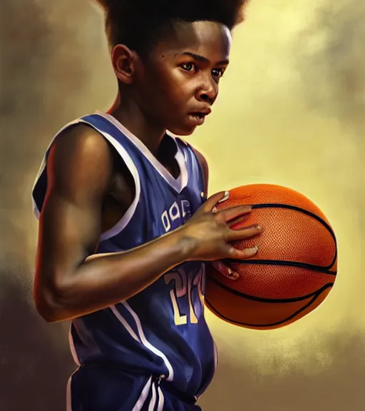 Image similar to portrait of a boy at a basketball court playing basketball wearing a basketball uniform in a basketball court standing near the basketball hoop, poised, intense emotion, detailed facial expression, detailed surroundings, intricate, elegant, highly detailed, centered, digital painting, artstation, concept art, smooth, sharp focus, illustration, by Peter Mohrbacher, WLOP