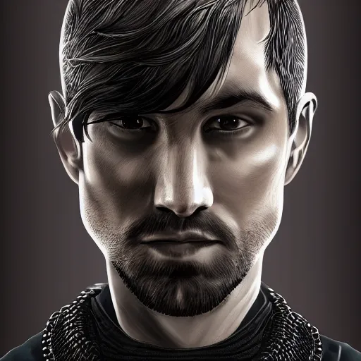 Image similar to realistic portrait, 30 year old man :: athletic, rough, angered :: short black hair, dark taint :: chain mail :: high detail, digital art, RPG, concept art, illustration