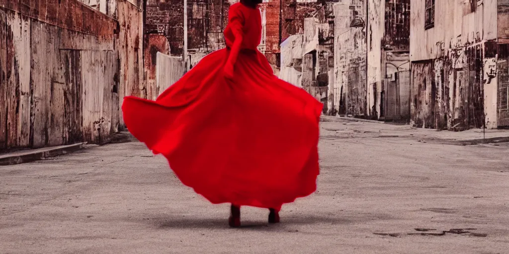 Prompt: a woman in a red dress standing in the middle of an empty town,beautiful,captivating,chromatic aberration