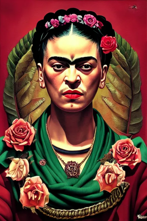 Prompt: rap album cover featuring frida kahlo wearing gangster thug outfit, staring directly into camera, intricate, elegant, dramatic lighting, highly detailed, digital painting, artstation, sharp focus, illustration, art by wlop, mars ravelo and greg rutkowski, album cover, parental advisory