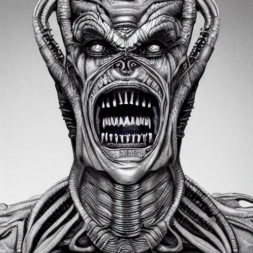 Prompt: alien trump, sharpt teeth, by h. r. giger, nightmare fuel, nightmarish, intricate, highly detailed, optical illusion