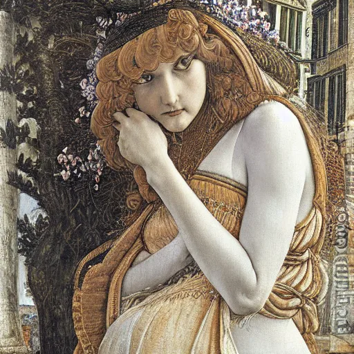 Image similar to intricate, lonely woman in street, detailed, by sandro botticelli, gaston bussiere, h. r. giger, masterpiece, sharp focus,