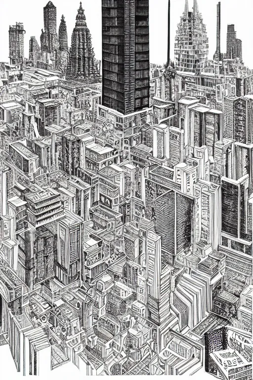 Image similar to a black and white drawing of a temple cityscape, a detailed mixed media collage by hiroki tsukuda and eduardo paolozzi and moebius, intricate linework, sketchbook psychedelic doodle comic drawing, geometric, street art, polycount, deconstructivism, matte drawing, academic art, constructivism