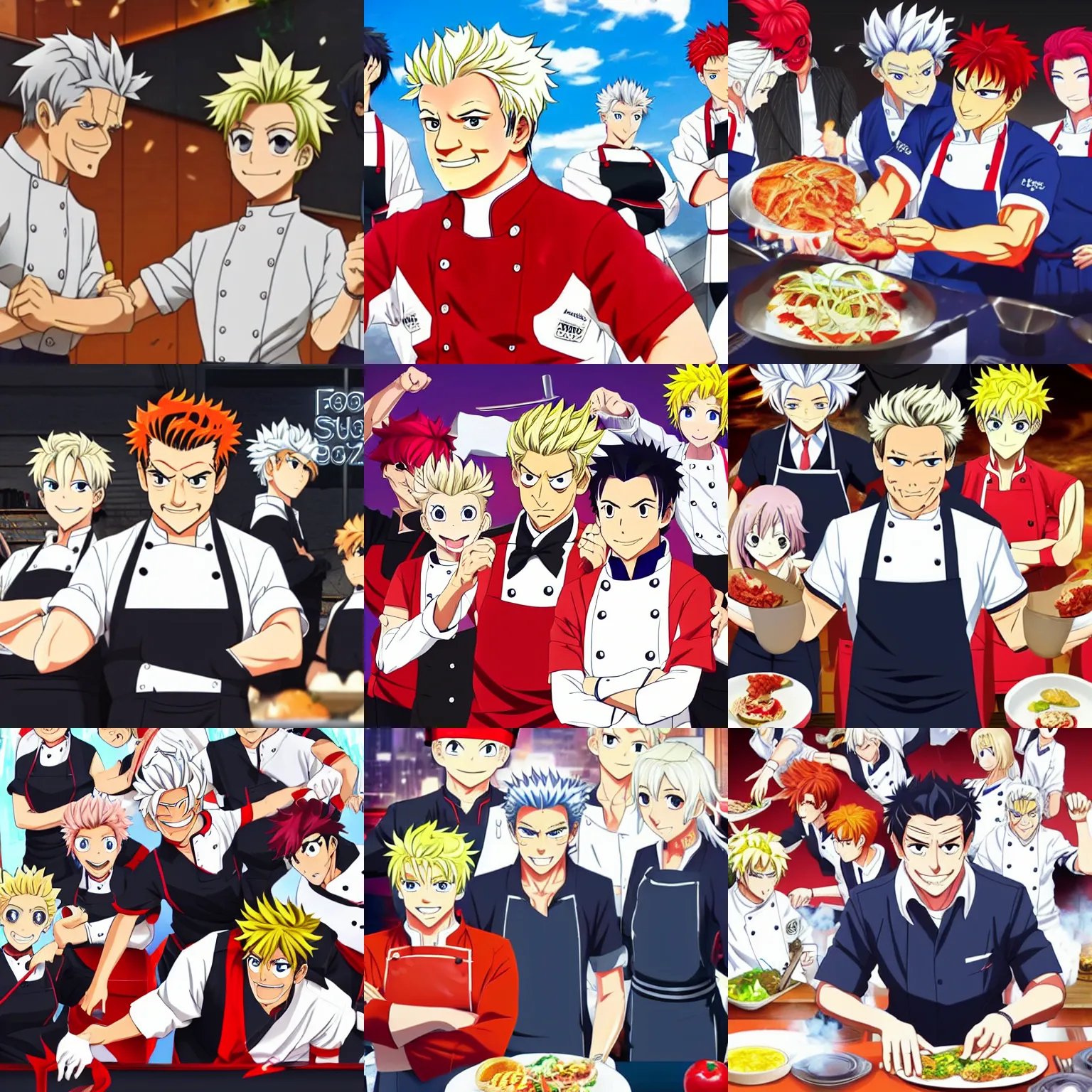 Prompt: Gordon Ramsey stars in an episode of Food Wars, written by Yūto Tsukuda, illustrated by Shun Saeki, anime, animation, manga, still