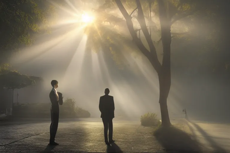 Prompt: business man smoking herb on the front stoop by marc adamus, morning, mist, smoke, rays of light, beautiful