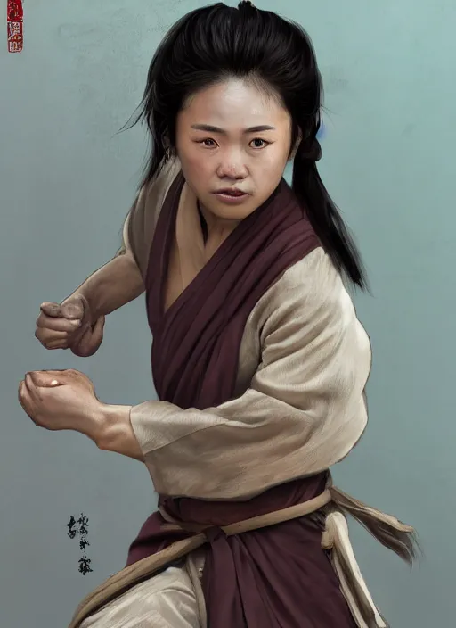 Prompt: portrait of a female drunken master monk exercising by wlop, wuxia, xianxia, drunken boxing, drunken master, weathered dark skin, athletic, playful, beautiful, fully clothed, monk's robe, detailed, realistic, anatomically accurate, fantasy illustration, artstation, wlop, hi - res, 4 k.