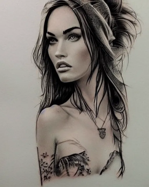 Image similar to double exposure effect tattoo design sketch of megan fox with beautiful mountains, realism tattoo, in the style of den yakovlev, amazing detail, sharp