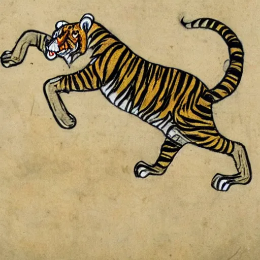 Image similar to bad drawn tiger with many legs flying in a medieval manuscript, medieval manuscript, golden miniatures