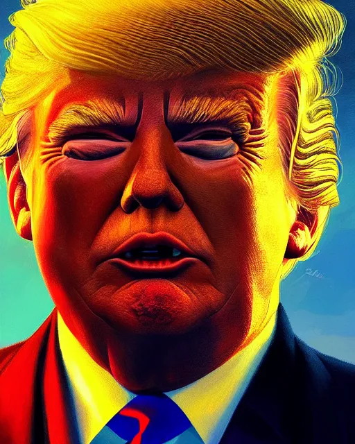 Prompt: donald trump painting, happy, smirk, atmospheric lighting, painted, intricate, volumetric lighting, beautiful, rich deep colours masterpiece, golden hour, sharp focus, ultra detailed, in the style of dan mumford and marc simonetti