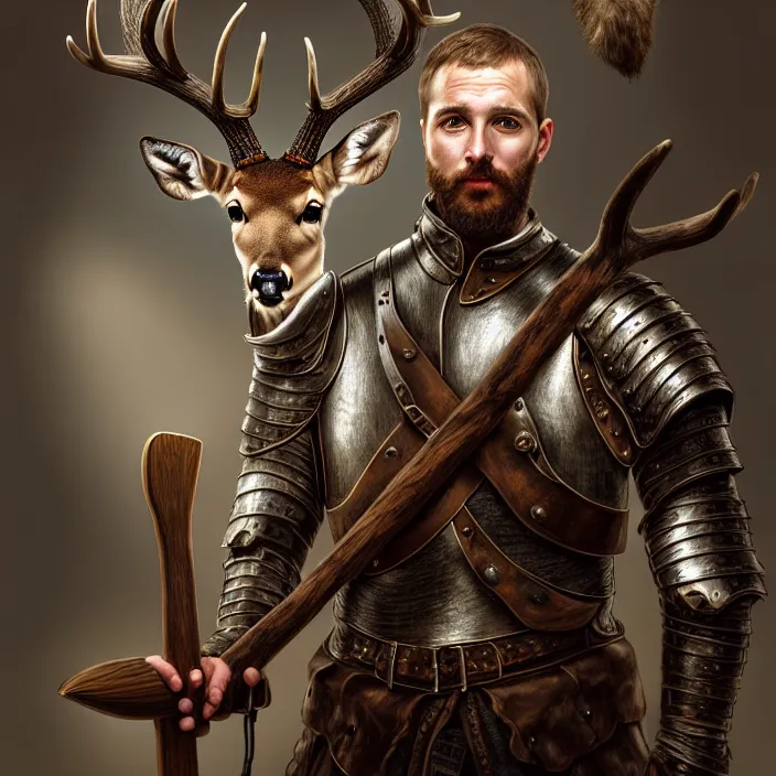 Image similar to portrait of a man with the head of a deer wearing a leather armor holding a pair of axe, subject in the center of the frame, wide angle shot, diffuse lighting, fantasy, intricate, elegant, highly detailed, lifelike, photorealistic, digital painting, artstation, illustration, concept art, smooth, sharp focus, art by John Collier and Albert Aublet and Krenz Cushart and Artem Demura and Alphonse Mucha