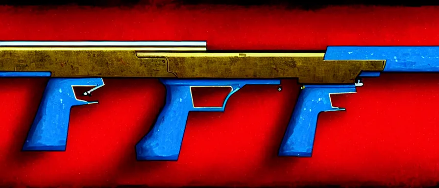 Image similar to a magical shotgun made from glossy red - painted wood and elements of gold metalwork, antique, sawed - off, double - barreled, glowing with blue elertcicity, video game concept art