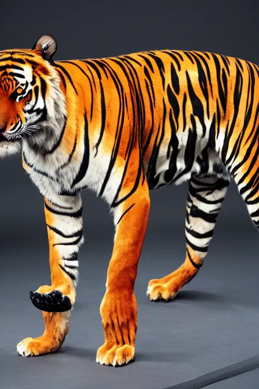 Image similar to Anthropomorphic Tiger on the catwalk, Fullbody