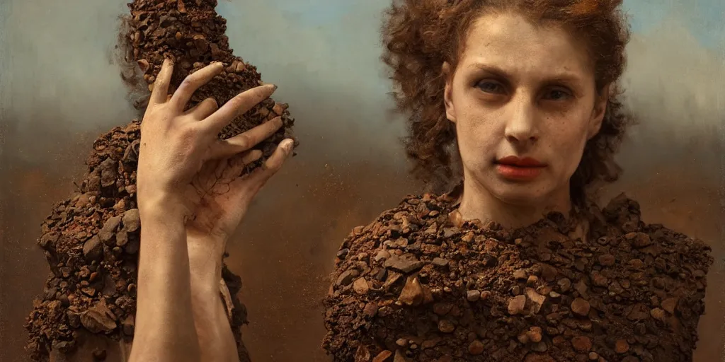 Image similar to highly detailed photography of a woman made of rust clay and dressed with rocks, hand gesture, sharp focus, dust particles, dirt, dramatic scene, aesthetic, dynamic lighting, elegant, harmony, masterpiece, by roberto ferri, blue background, high quality, spatula