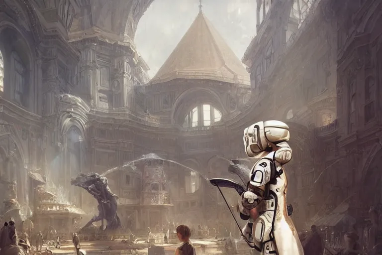 Prompt: white futuristic astronaut shopping at ancient renaissance florence vendor, rule of thirds, time travel scenery, nvidia, by wlop, peter mohrbacher, artgerm, jakub rebelka, visually stunning, beautiful, masterpiece