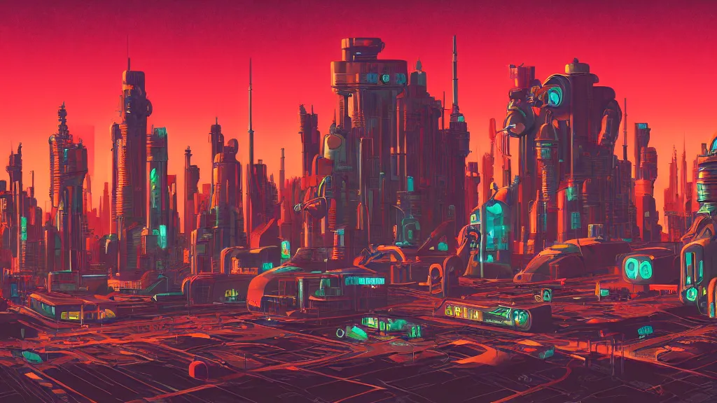 Image similar to retro robot city at the other side of nowhere, sharp digital painting. retrofuturism. concept art. artstation. casey weldon. digital render. dan mumford.