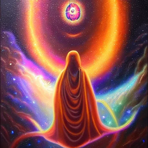 Image similar to facing the evil darkness galactic nebular astral realm sacred journey in oil painting, trending on artstation, award winning, emotional, highly detailed surrealist art