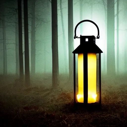 Image similar to a bright lantern in the pitch black, woods, horror, cinematic, intricate, dark, eyes, fog, haunting, 4 k