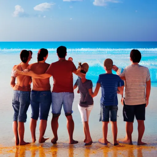 Prompt: a happy family group of people standing on top of a sandy beach, a stock photo by demetrios farmakopoulos, shutterstock contest winner, verdadism, stockphoto, stock photo, photo taken with ektachrome