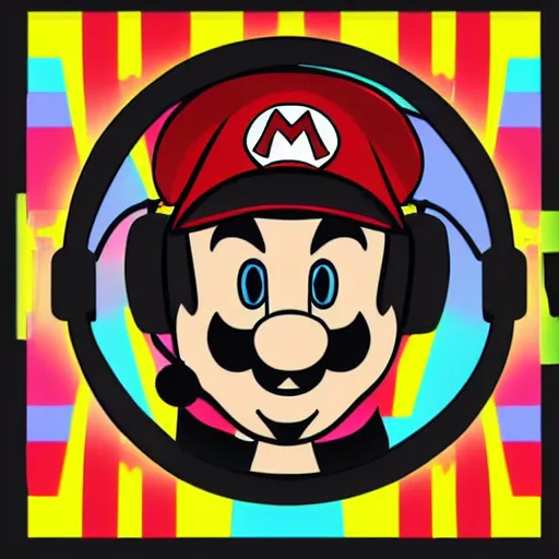 Image similar to svg sticker of a Pop-Wonder SuperMario, Mario-Wearing-a-red-hat, at a rave, spinning records, giant headphones rocking out, wearing headphones, huge speakers, dancing, rave, DJ, spinning records, digital art, amazing composition, rule-of-thirds, award-winning, trending on artstation, featured on deviantart