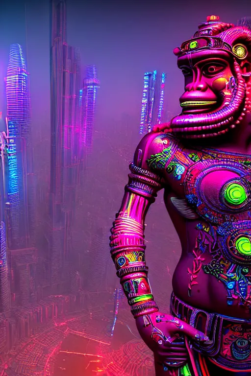 Prompt: high quality 3 d render neon cyborg!! hanuman! madhubani, highly detailed, cyberpunk mumbai in the background, unreal engine cinematic smooth, in the style of solaris, hannah yata charlie immer, moody light, low angle, uhd 8 k, sharp focus