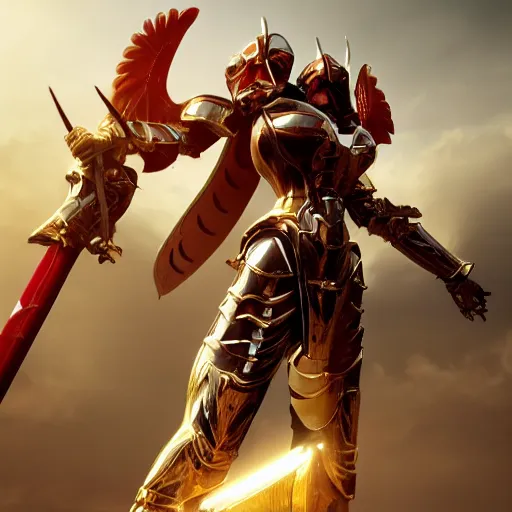 Image similar to picture of metal armored valkyrie, crimson plated, sword and shield, golden wings, divine vibes, light brown hair, white skin, shiny golden eyes, sky background, sharp focus, highly detailed, cinematic lighting, studio quality, smooth render, unreal engine 5 rendered, octane, rendered