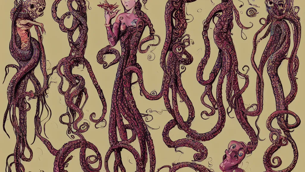 Image similar to aged paper, colorful character sheet for a stocky alien extraterrestrial female servant maid with thick snake - like tentacles instead of hair, long dress with apron, roger dean, coherent, illustration, digital art, trending on artstation, hd, 8 k, good lighting, beautiful, rough paper, masterpiece