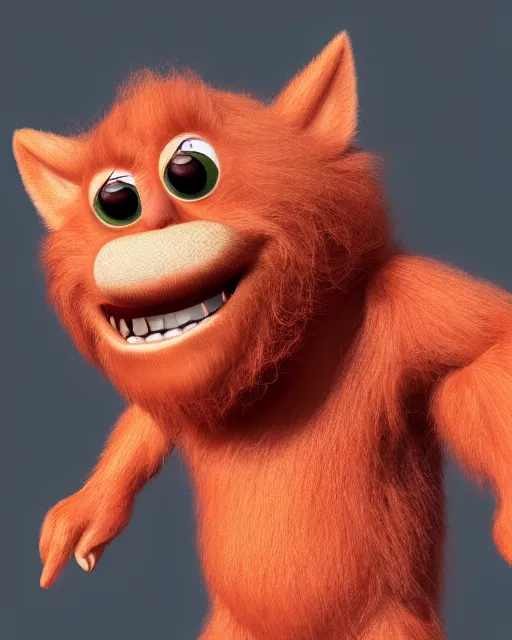 Image similar to 3 d render of completely red hairy friendly antropomorphic robust cartoony creature wearing chrome shades, without nose, full body, in the style of pixar, simple, cute, white background, unreal engine 5, octane render, highly detailed hdr