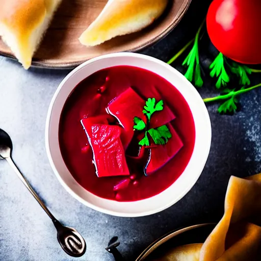 Prompt: a bowl of borscht wearing cat ears, award winning food photo, 4 k, delicious, polish food, high quality